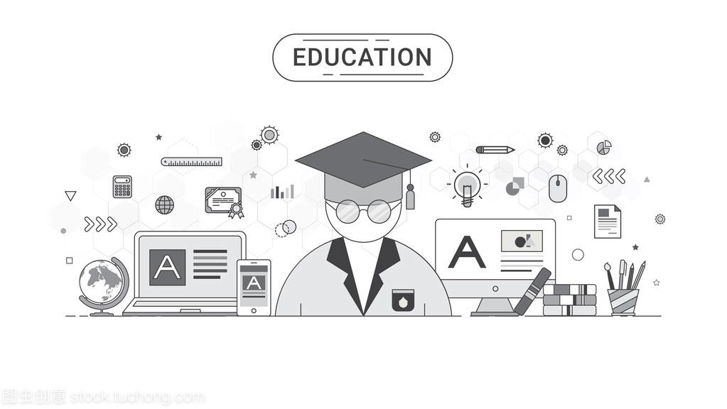 教育信息圖表概念。學生和教育圖標平線條樣式創(chuàng)建的矢量